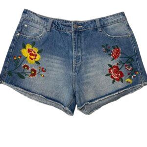 Blu Pepper Vintage Embroidered Floral Frayed Hem Jean Shorts Size L #0787